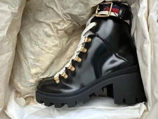GUCCI NEW Black Leather SYLVIE WEB Chunky COMBAT BOOTS Size 34