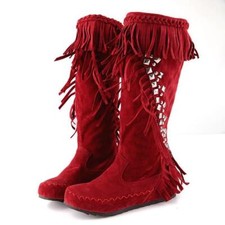 Women's tassel Rhinestone Mid Calf Knee High Boots Fringe Moccasin Boots new