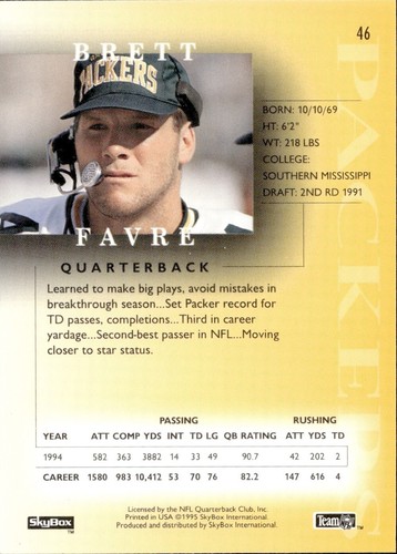 Brett Favre - 1995 Skybox Football #46 - Bild 2 von 2