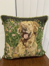 Needlepoint " Golden Retriever " Pillow / Beige Velvet Zippered Back. 16  X 16  