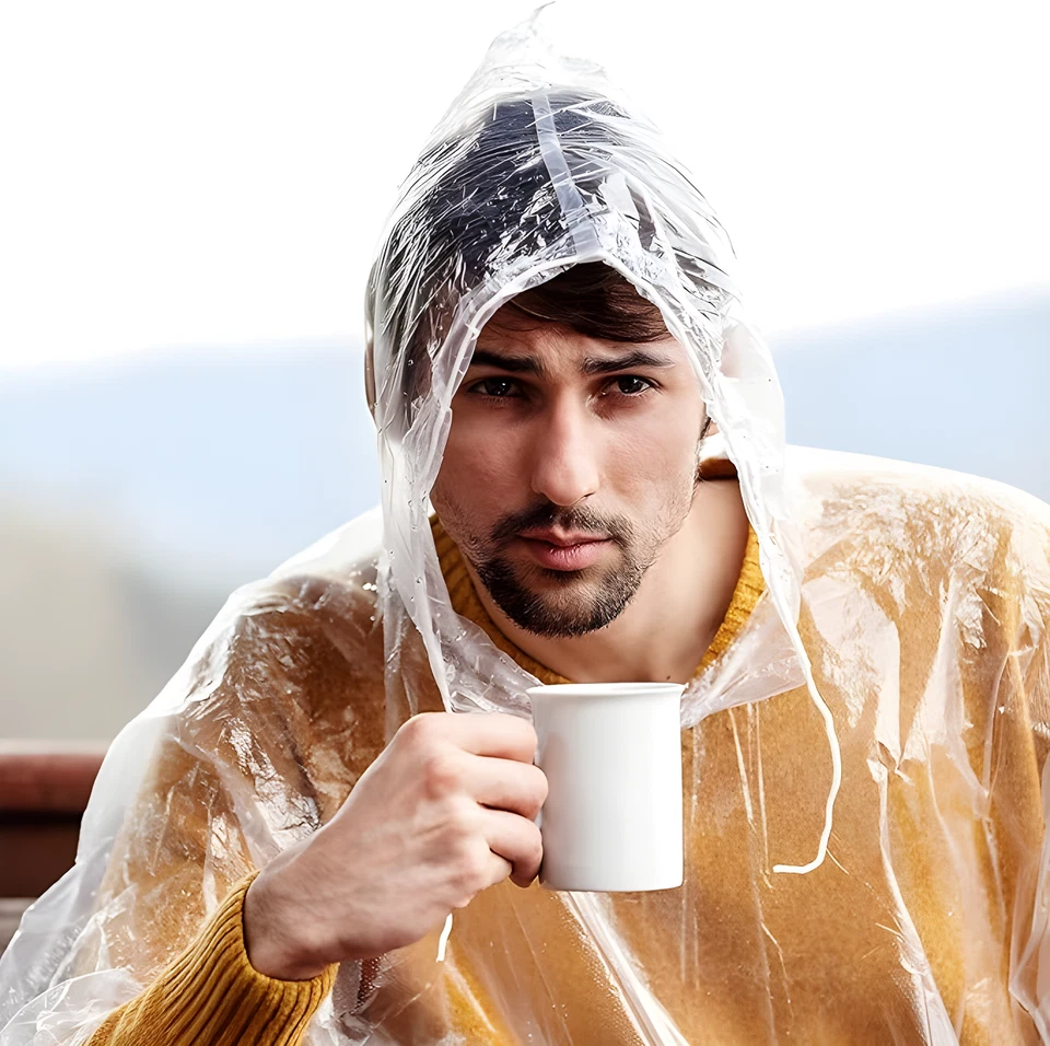 Poncho de Lluvia Desechable Emergencia Impermeable Adulto Senderismo Abrigo Capucha / Paquete de 1-10 Foto 2 de 4