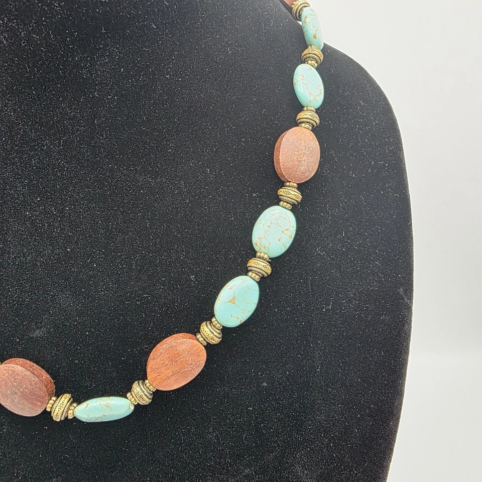 Womens Turquoise Brown Beaded Wood Stone Gold Tone Chain Bohemian Beach 22" - Image 2 of 4