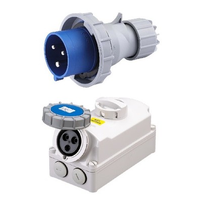Deligo 240V 16A 2P+E blau Industriestecker & verriegelte Steckdose IP67