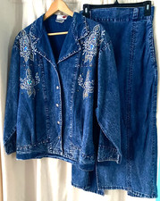 Vintage License Denim Jacket  Skirt Set M Blue Embroidered Studded Western Y2K