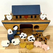Vintage Wooden Noahs Ark Toy Handcrafted Handpainted Animals Two by Two Bible