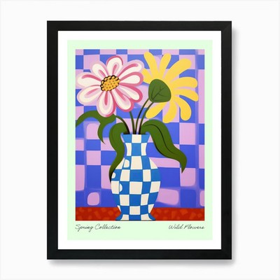 Frühlingssammlung Wildblumen Blaurahmen-Wandkunst-Poster Leinwandbild Bild