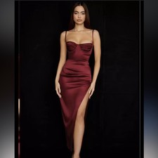 House Of CB Flora Red Pleated Corset Midi Dress, Sz L Plus Cup(A-C)