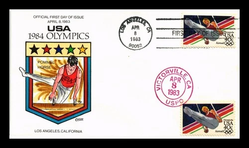 DR JIM STAMPS US COVER OLYMPICS GYMNASTICS FDC DUAL CANCEL COLLINS HAND PAINTED