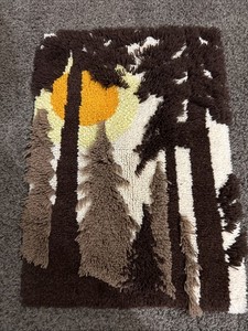 VTG Retro Latch Hook Mid Century Wall Art Sunset w/Trees Shag Tapestry 23.5x33.5