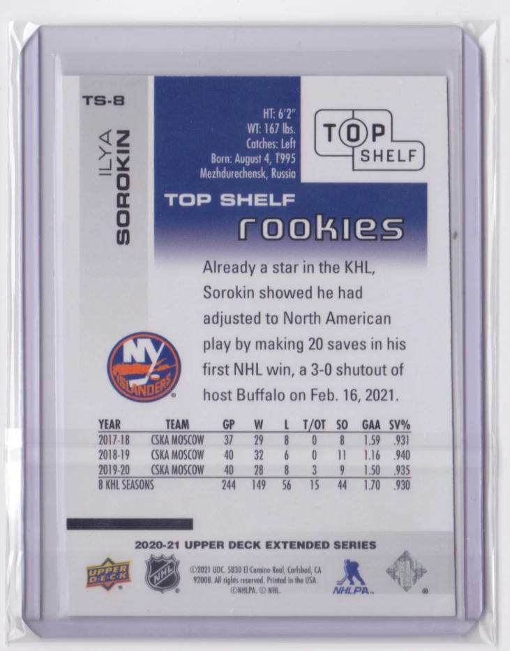 2020-21 UD EXTENDED SERIES TOP SHELF ROOKIES /500 ILYA SOROKIN #TS-8 ISLANDERS - Image 2 of 2
