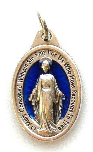 Miraculous 7/8" x 5/8" Silver Tone / Blue Medal - Picture 3 of 4