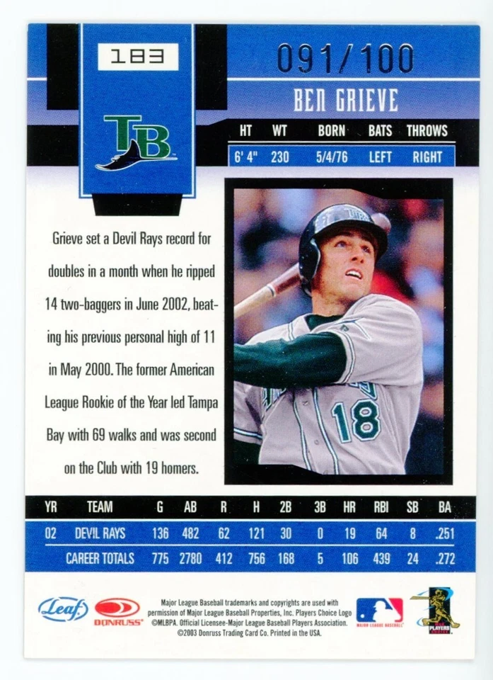 Espejo rojo #183 Ben Grieve 91/100 2003 materiales certificados Leaf Foto 2 de 2