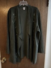 chicos draped open jacket faux suede embroidered floral sage sz 4 20/22