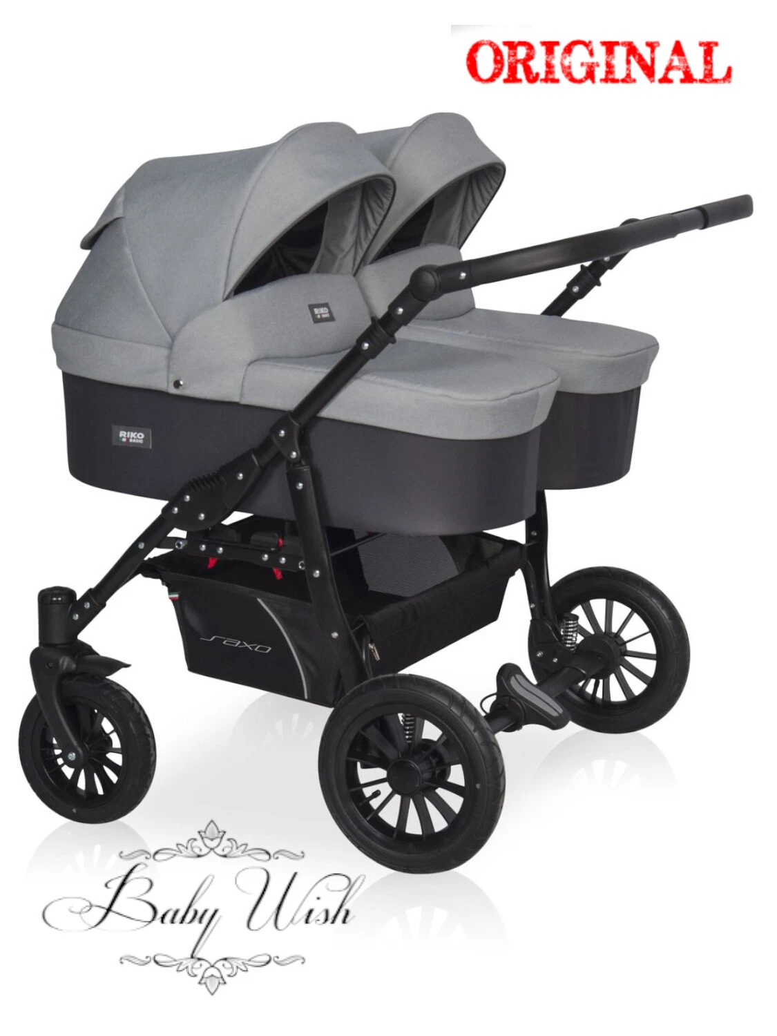 RIKO BASIC SAXO BABY DUO STROLLER TWIN PRAM 2in1 CARRYCOT + PUSHCHAIR