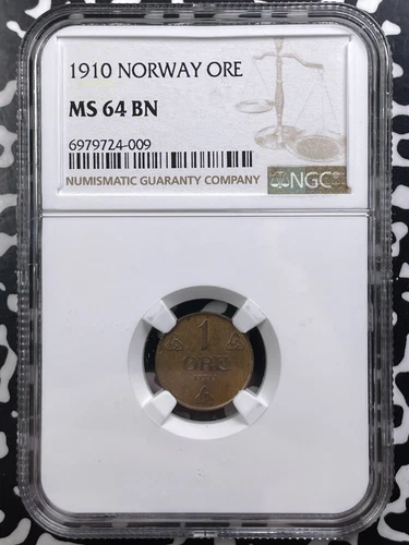 1910 Norway 1 Ore NGC MS64BN Lot#G9129 Choice UNC!