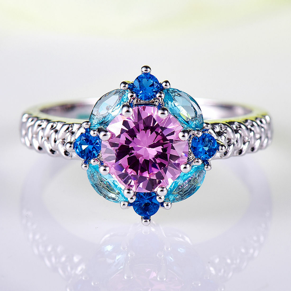 925 Sterling Silver Pink & Blue Rhinestone Blue Topaz Engagement Ring ...