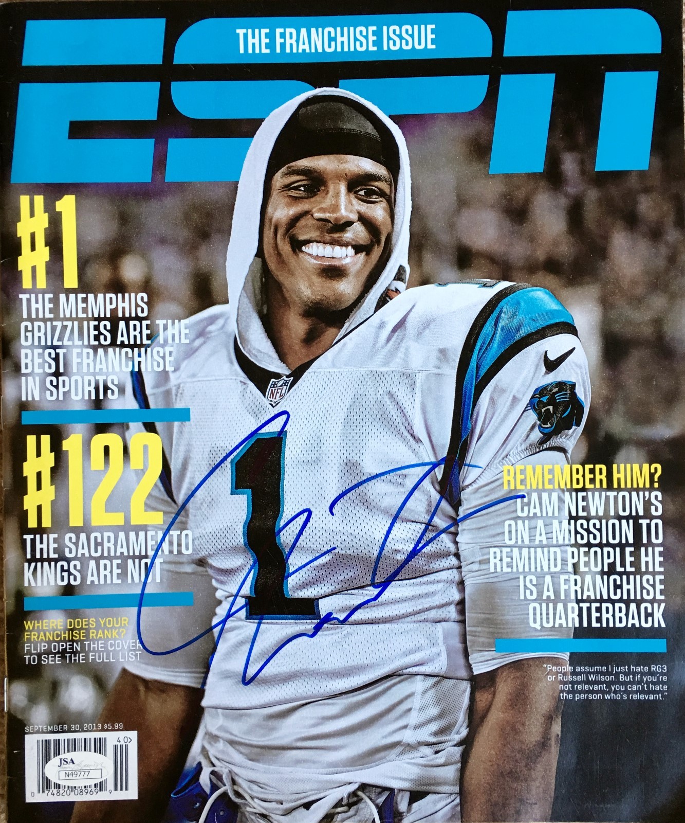 CAM NEWTON Signed Autographed ESPN The Magazine, Sept 30 2013, NO LABEL, JSA 