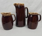 Vintage Pottery HULL Brown Drip Glaze Pitchers Set Of 3 Ovenproof USA 10.5" & 7"