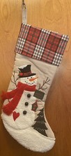NEW 17.5" LONG SNOWMAN W/ BIRDHOUSE STOCKING, PLAID TOP, FUZZY  EMBROIDERY NWT