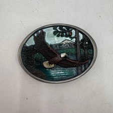 Vintage 1985 CJ 1022 Bald Eagle Mountain Scene Belt Buckle Made in USA Oval