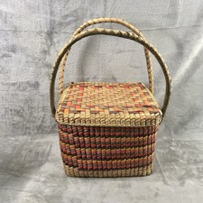 Mexican Square Basket W/ Handles  Lid, Colorful Woven Straw Boho Picnic Beach