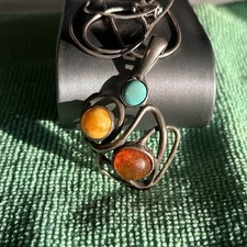 Modernist Sterlingsilber Bernstein Türkis gelbe Jade Anhänger Halskette 16" 13,9 g