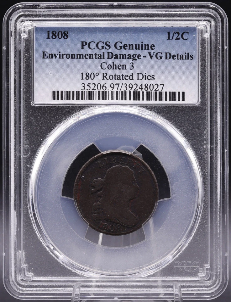 1808 Draped Bust Half Cent PCGS VG Details – Env. Damage – Rotated Dies C-3 - Image 2 of 4