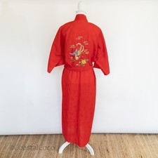 Vintage Health L Chinese Phoenix Peony Embroidered Robe Kimono Red Jacquard