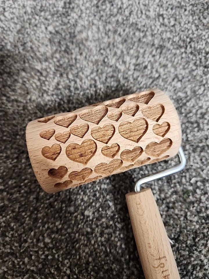 Wood Embossed, stamped Mini Rolling Pin With Heart Pattern - Image 2 of 4