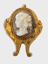 Antique Victorian Shell Cameo Brooch – Ornate Gold Filled Easel / Harp Frame