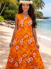 Vintage Hawaiian Hibiscus Maxi Dress Womens M Floral Tropical Sleeveless Orange