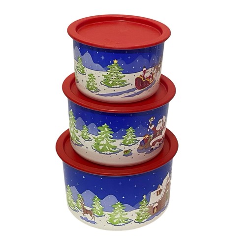 Vintage Tupperware Natale Bidoni Impilabili Set di 3 Babbo Natale Signora Claus Renne - Foto 8 di 8