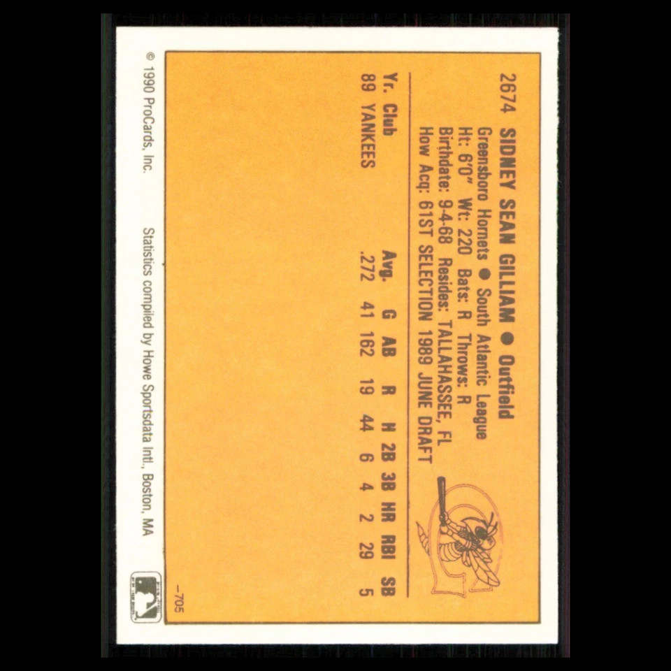 Sean Gilliam #2674 1990 ProCards Greensboro Hornets Baseball Card MLB NM - Image 2 of 3