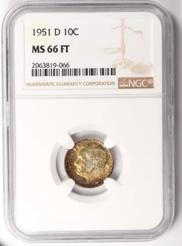 1951 D Roosevelt Dime NGC Certified MS66 FT - Nice Color (819-066)