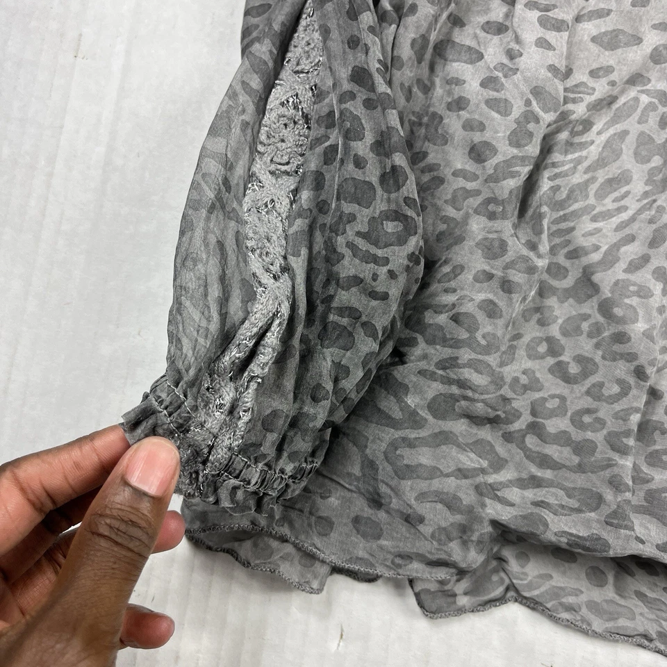 Blusa campesina Tempo Paris para mujer mezcla de seda estampado gris manga larga GRANDE Foto 2 de 4