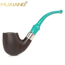 MUXIANG Ebony Wood Tobacco Pipe Handmade 9mm Filter Bent Saddle Stem Silver Ring