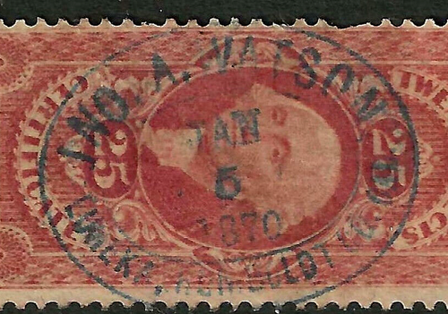 A WATSON JAN 5 1870 Proprietary Cancel Revenue 25 Cent 1870 US 82E72 - Picture 2 of 2