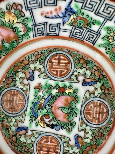 Antica tazza da tè cinese famiglia rosa longevità e piattino guscio d'uovo porcellana cantone - Foto 9 di 17