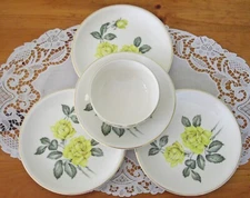 Vintage Paden City Yellow Roses 3 - 6 1/4" Plates + Teacup + Saucer ~