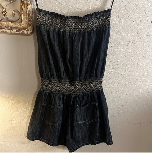 CATO Chambray Boho Tube Top Romper Women’s Medium Dark Wash Pockets Zip Sides - Picture 3 of 13