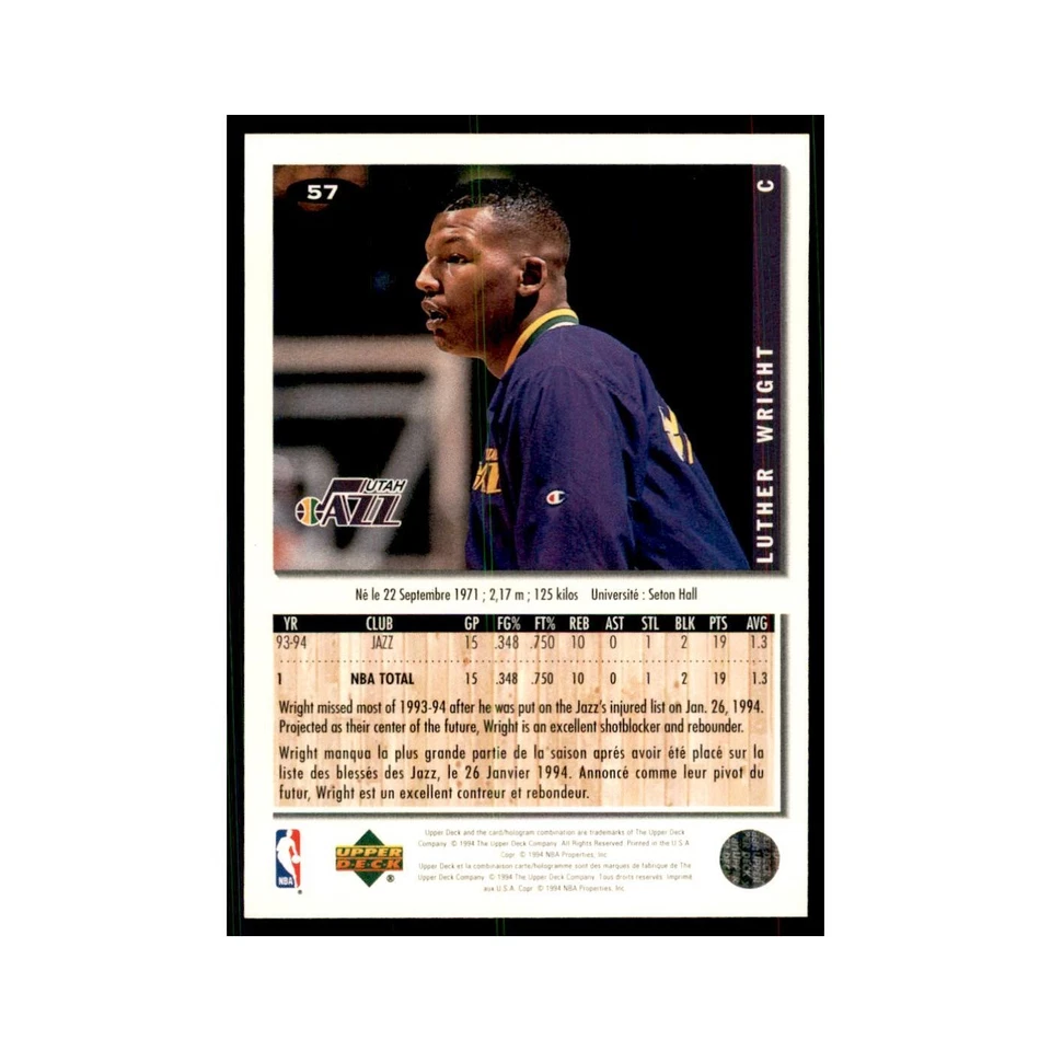 1994 Upper Deck Collectors Choice Luther Wright Basketball Cards #57 - Image 2 of 3