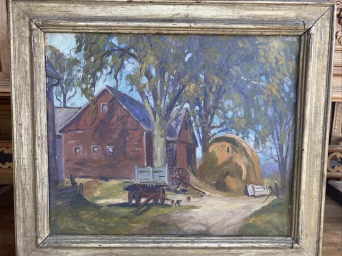 G. Hannan Signed Oil Painting The Red Barn, Vermont Americana 28” x 23”