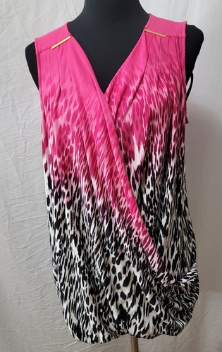 CALVIN KLEIN Sleeveless Wrap Blouse Leopard Animal Pink Black Ombre Size XL