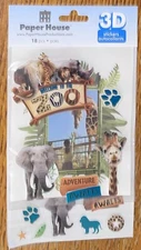 3D PAPER HOUSE ZOO Elephant Giraffe Lion Jungle Monkey 2 Pgs Scrapbook Stickers