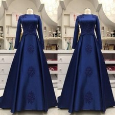 Muslim Wedding Dresses Satin Long Sleeves Navy Blue A Line Lace Bridal Gowns