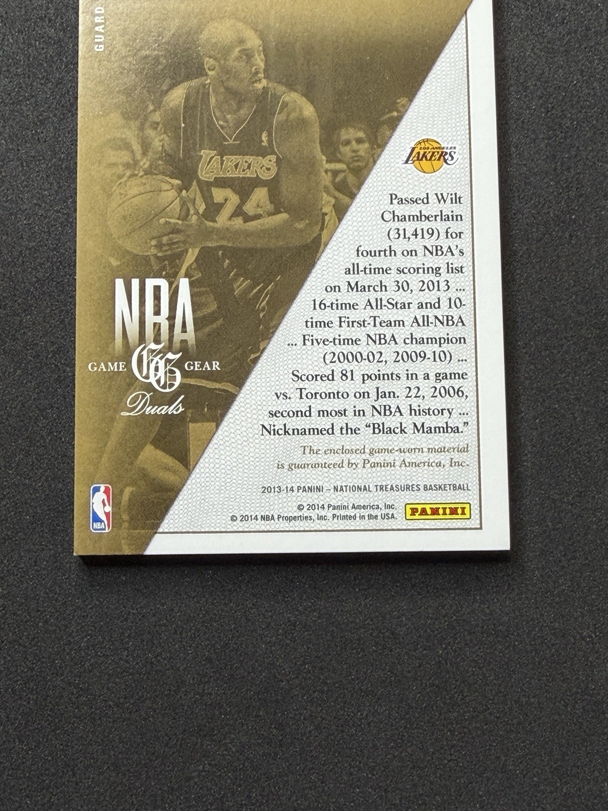 2013-14 National Treasures Kobe Bryant NBA Game Gear Dual Game Used Jersey 17/99 view 8