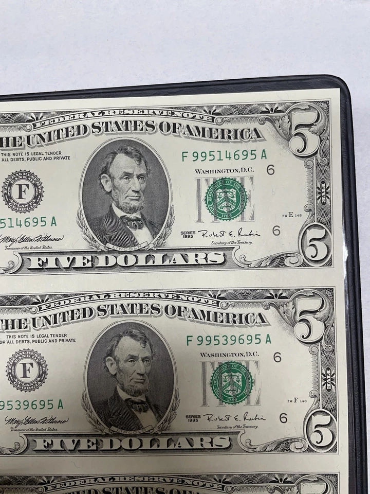 1995 $5 Federal Reserve Notes Uncut Sheet of 4 With Nice Holder And Certificate - Image 2 of 4