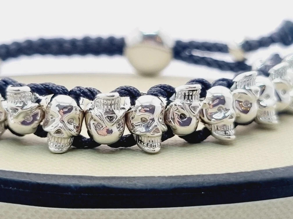 Links of London mini skull bracelet sterling silver NEW grey cord