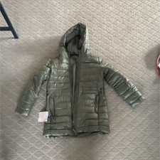 Girls Olive Green Hooded Puffer Jacket Zip Quilted Long Sleeve Mid-Length