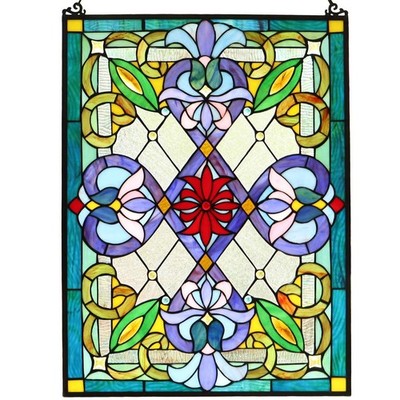 Bieye W10028 Victorian Tiffany Style Stained Glass Window Panel with Chain, Rect